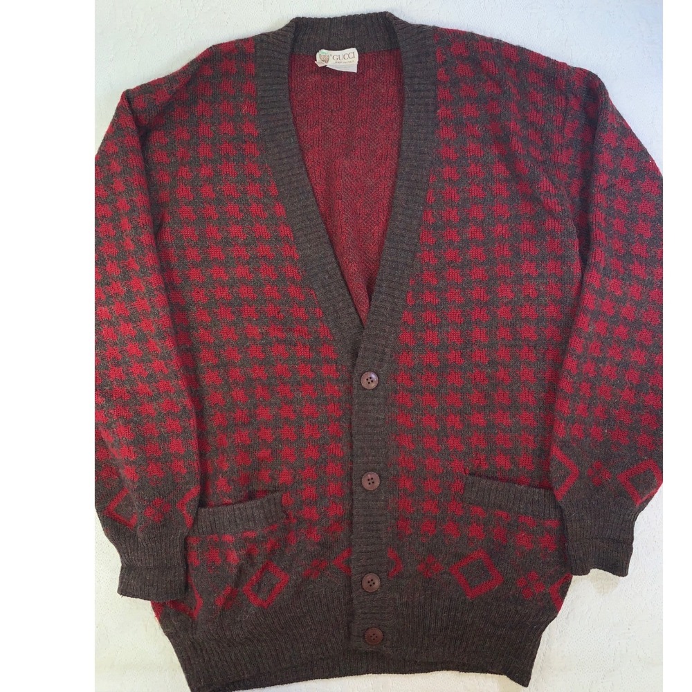 Vintage 80s Gucci Wool Alpaca Mohair Cardigan Red Brown Houndstooth Italy 50